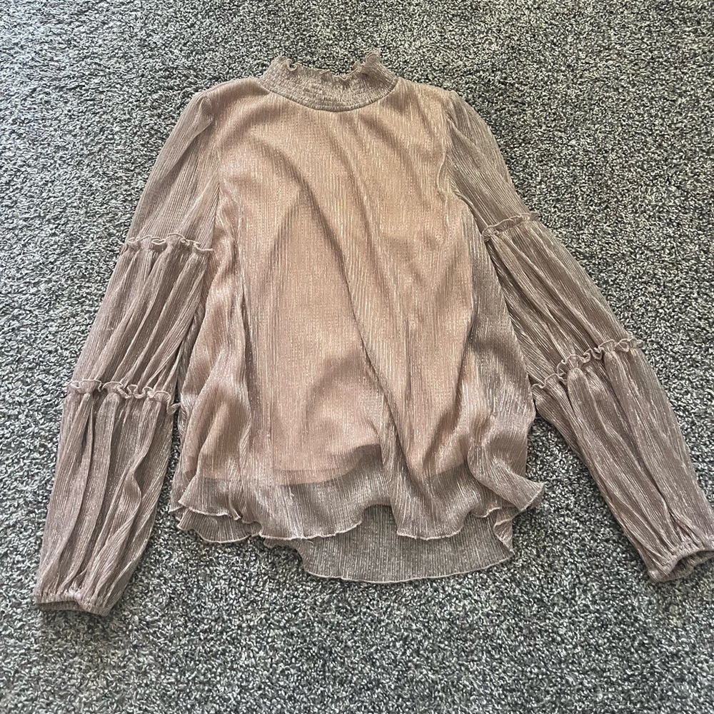 Shimmery Champagne Ruffled Long-Sleeve Top